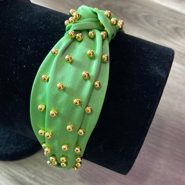 Green Headband with Gold Beads